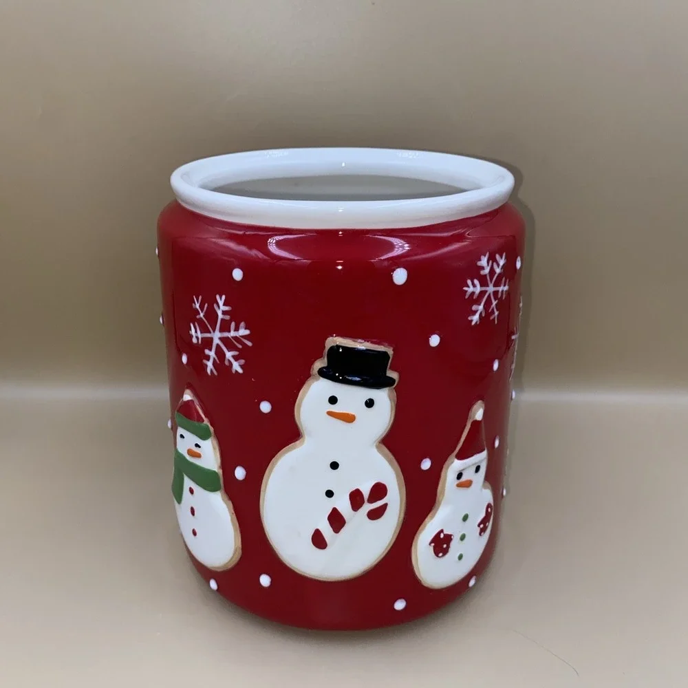 Hallmark Snowman Ceramic‎ Canister Red Holiday Kitchen Decor OS Snowflake Jar